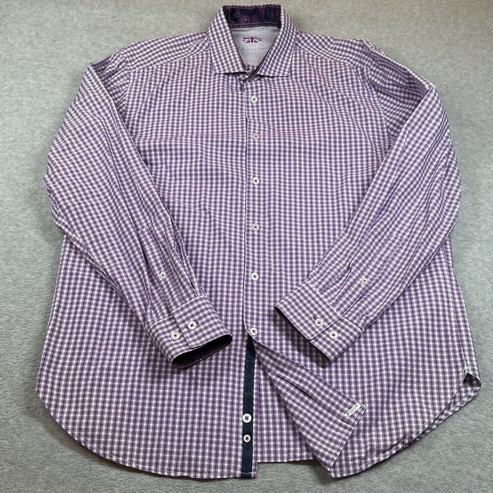Michelsons London Button Up Shirt Mens L Plaid Long Sleeve Purple 100% Cotton